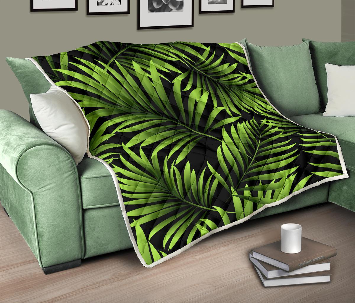 Green Neon Tropical Palm Leaves Premium Quilt-JTAMIGO.COM