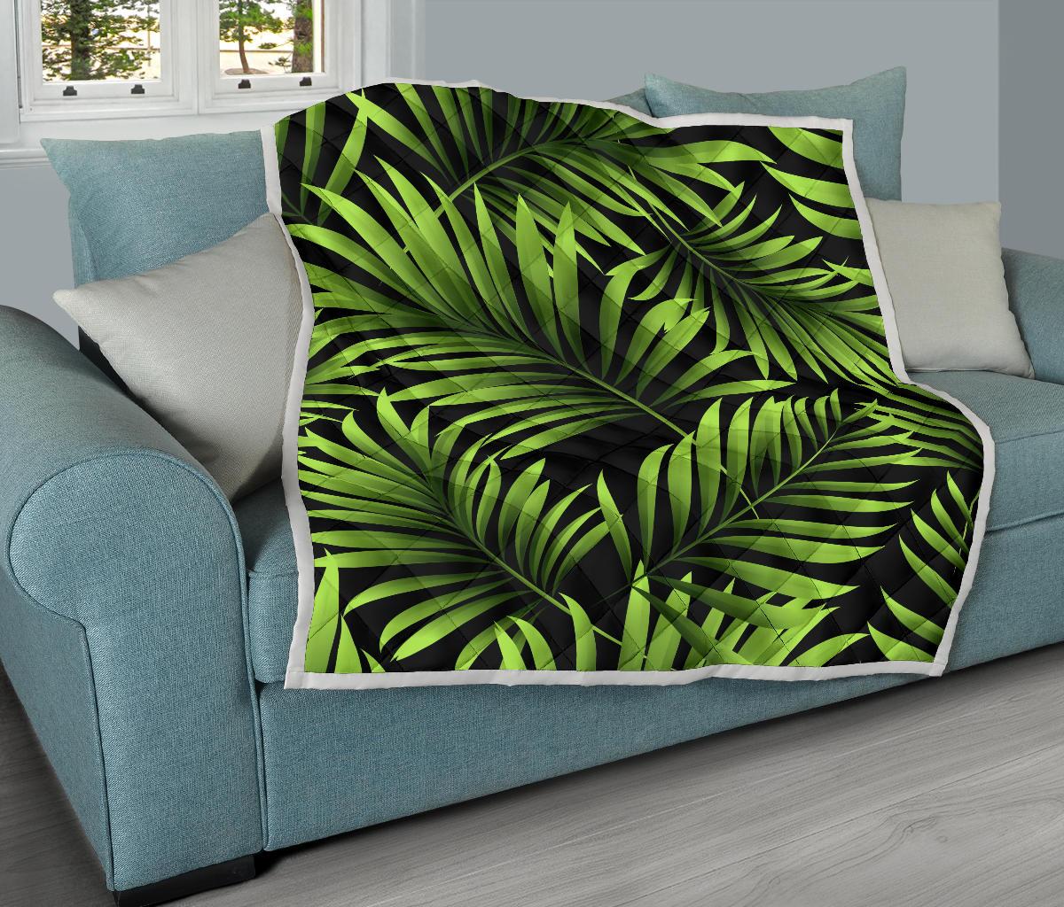 Green Neon Tropical Palm Leaves Premium Quilt-JTAMIGO.COM