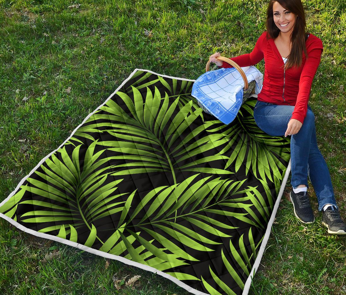 Green Neon Tropical Palm Leaves Premium Quilt-JTAMIGO.COM
