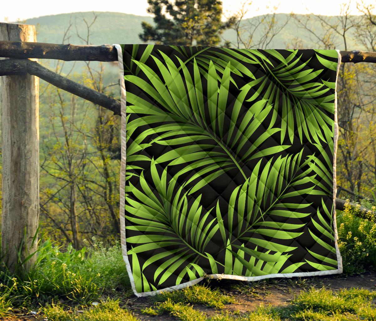 Green Neon Tropical Palm Leaves Premium Quilt-JTAMIGO.COM