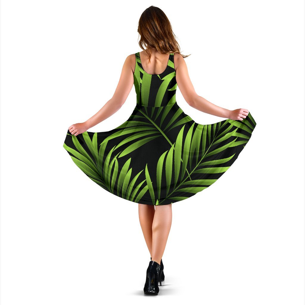 Green Neon Tropical Palm Leaves Sleeveless Dress
