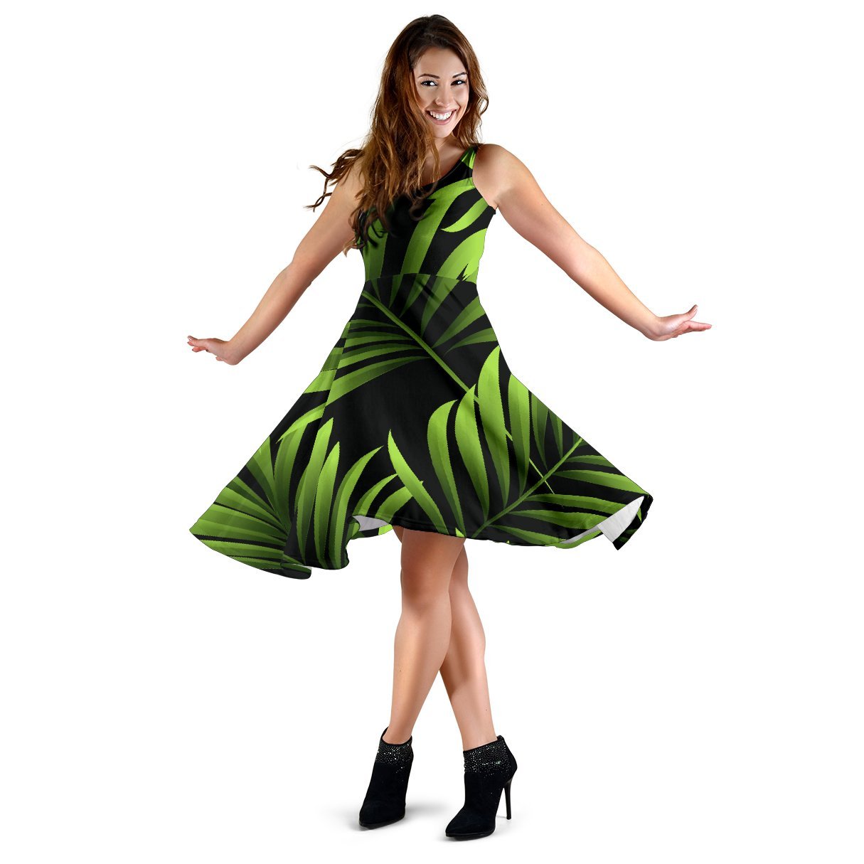 Green Neon Tropical Palm Leaves Sleeveless Dress