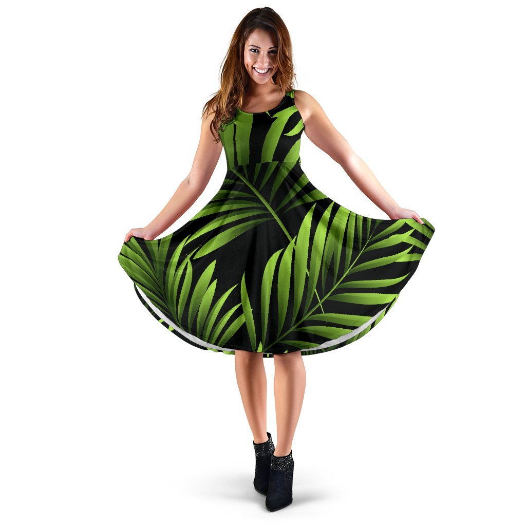 Green Neon Tropical Palm Leaves Sleeveless Dress