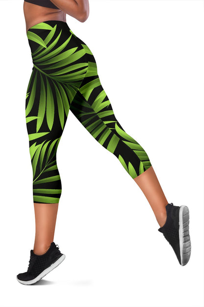 Green Neon Tropical Palm Leaves Women Capris