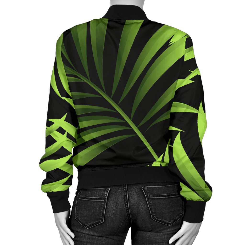 Green Neon Tropical Palm Leaves Women Casual Bomber Jacket
