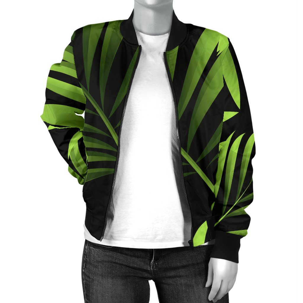Green Neon Tropical Palm Leaves Women Casual Bomber Jacket
