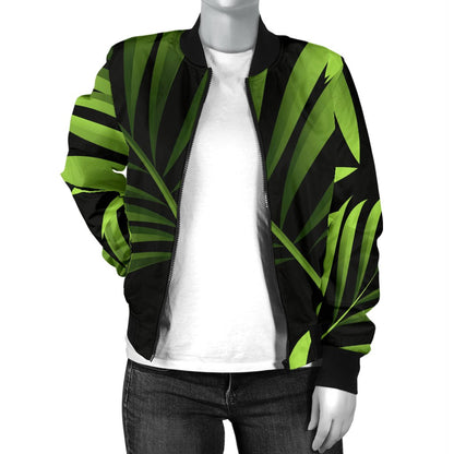 Green Neon Tropical Palm Leaves Women Casual Bomber Jacket