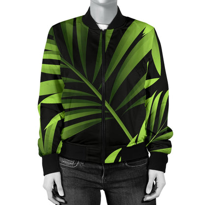 Green Neon Tropical Palm Leaves Women Casual Bomber Jacket