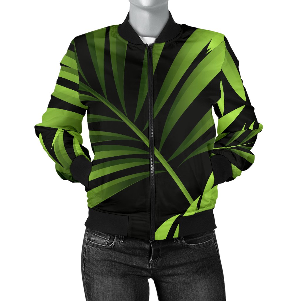 Green Neon Tropical Palm Leaves Women Casual Bomber Jacket