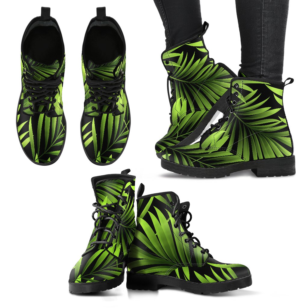 Green Neon Tropical Palm Leaves Women Leather Boots-JTAMIGO.COM