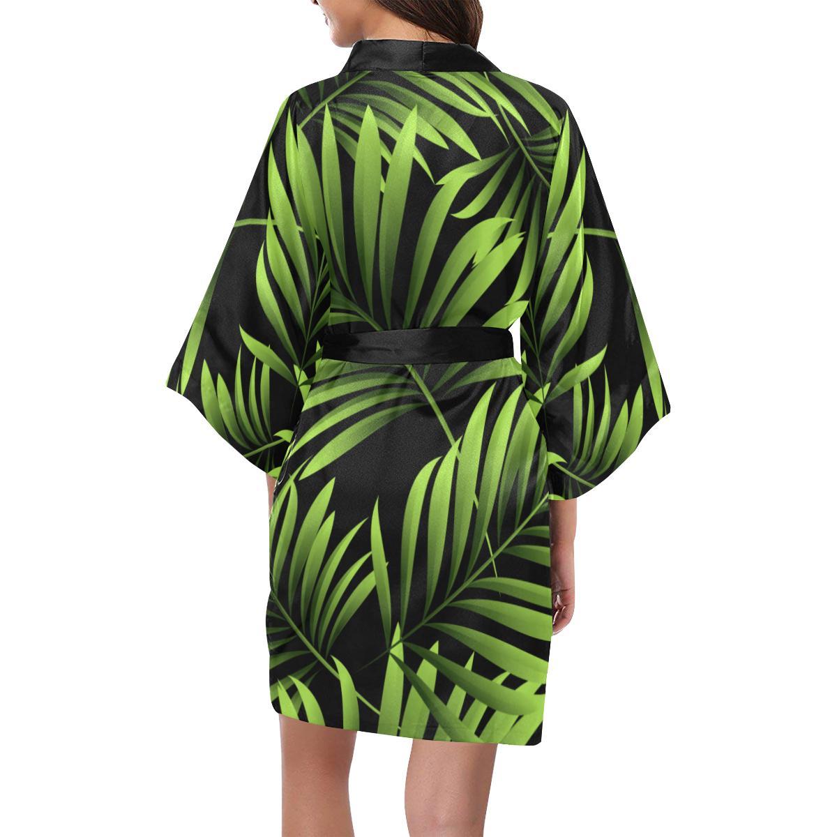 Green Neon Tropical Palm Leaves Women Short Kimono Robe
