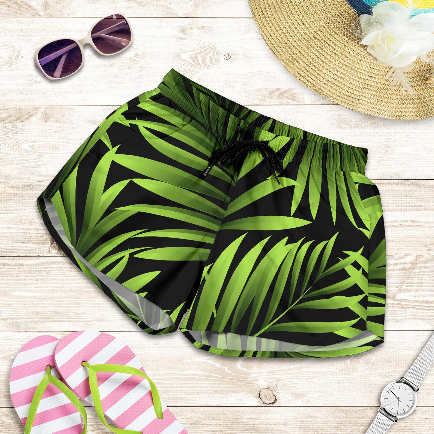 Green Neon Tropical Palm Leaves Women Shorts-JTAMIGO.COM