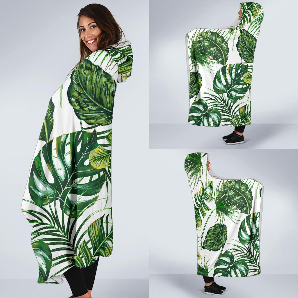 Green Pattern Tropical Palm Leaves Hooded Blanket-JTAMIGO.COM