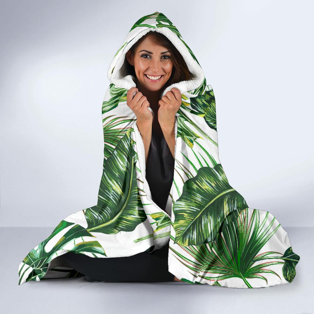 Green Pattern Tropical Palm Leaves Hooded Blanket-JTAMIGO.COM