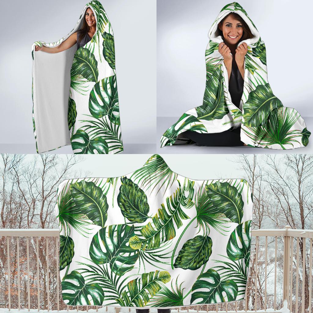 Green Pattern Tropical Palm Leaves Hooded Blanket-JTAMIGO.COM