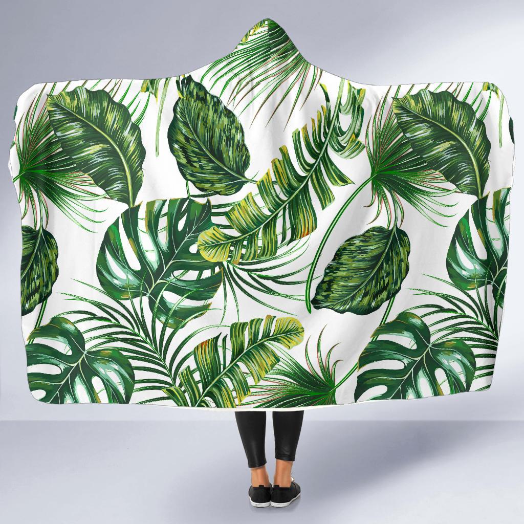 Green Pattern Tropical Palm Leaves Hooded Blanket-JTAMIGO.COM