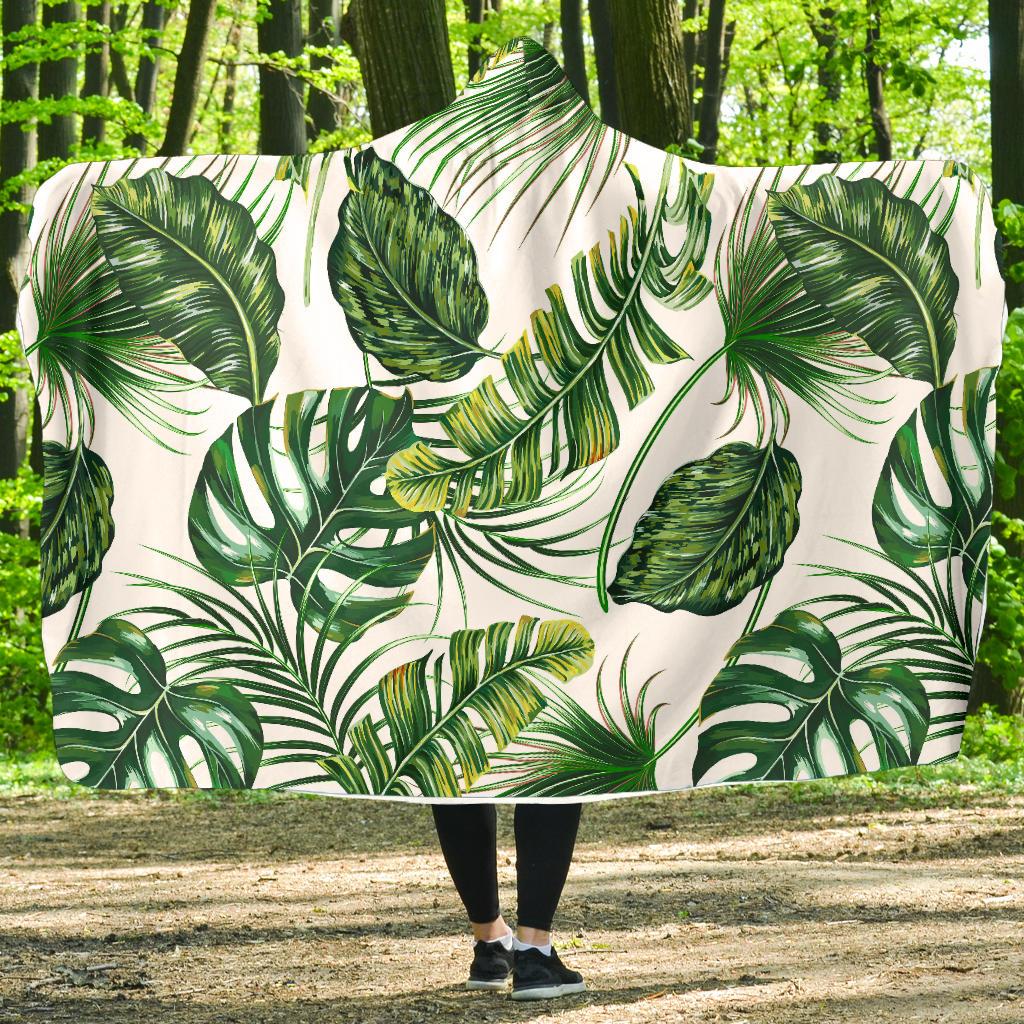 Green Pattern Tropical Palm Leaves Hooded Blanket-JTAMIGO.COM