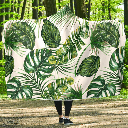 Green Pattern Tropical Palm Leaves Hooded Blanket-JTAMIGO.COM