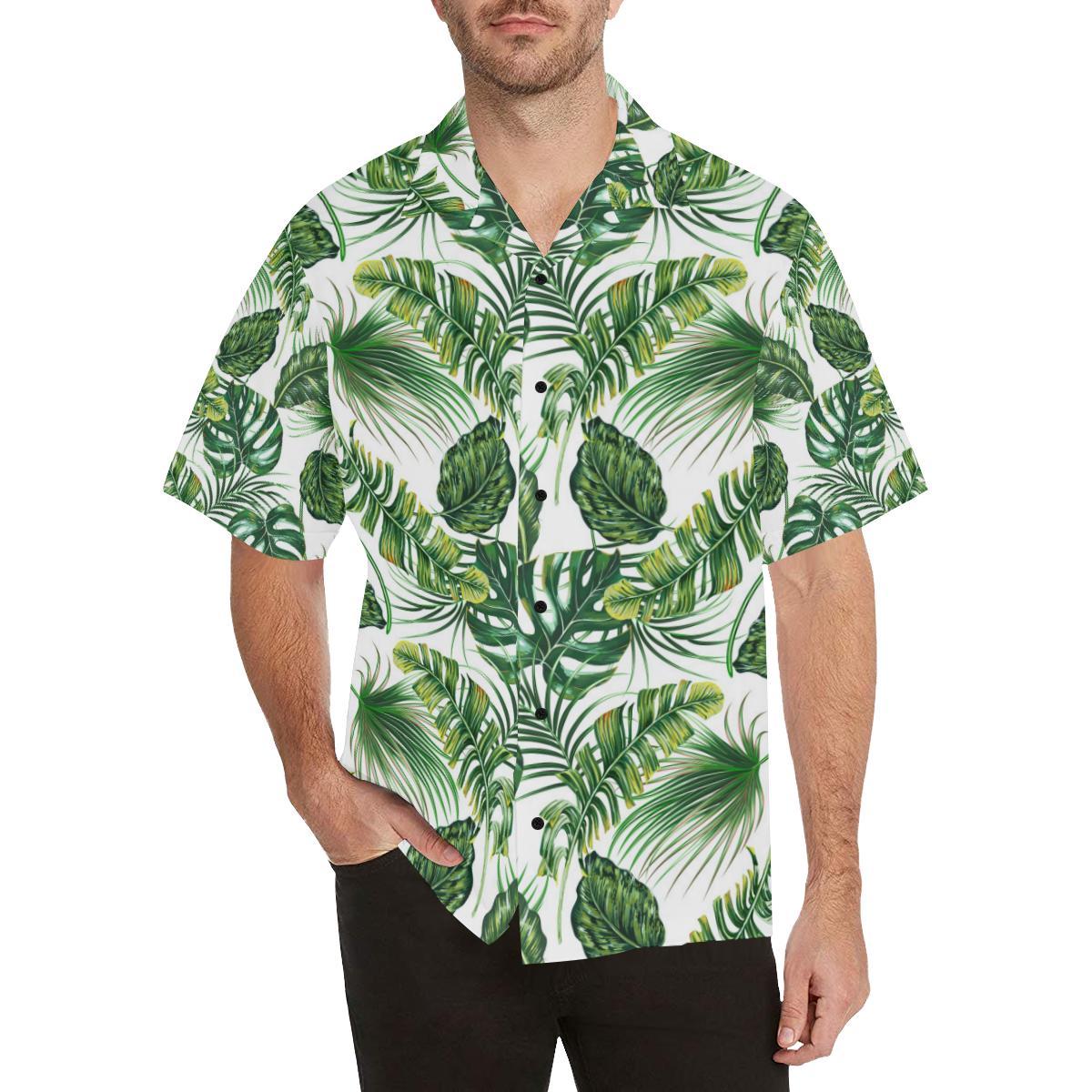 Green Pattern Tropical Palm Leaves Men Aloha Hawaiian Shirt