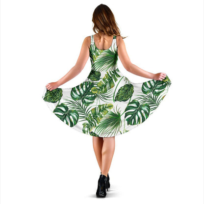 Green Pattern Tropical Palm Leaves Sleeveless Dress