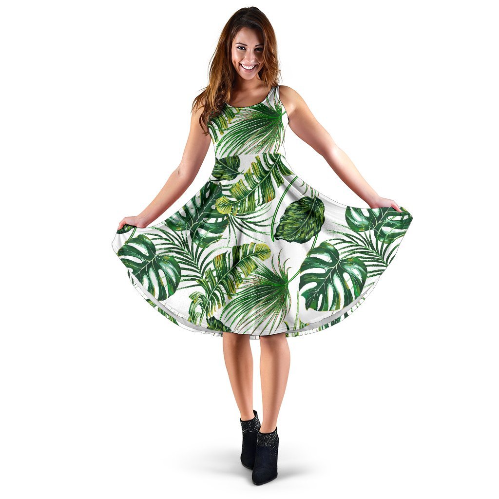 Green Pattern Tropical Palm Leaves Sleeveless Dress