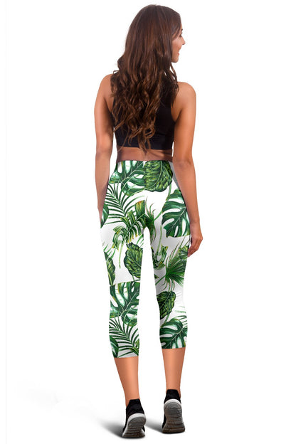 Green Pattern Tropical Palm Leaves Women Capris