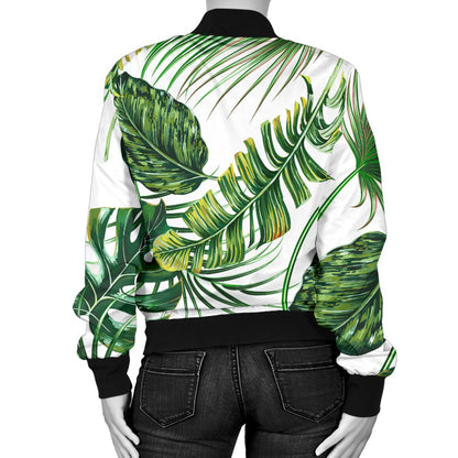 Green Pattern Tropical Palm Leaves Women Casual Bomber Jacket