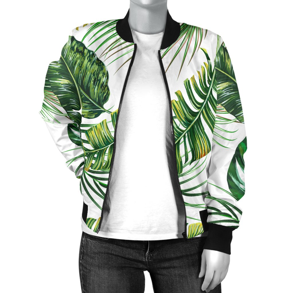 Green Pattern Tropical Palm Leaves Women Casual Bomber Jacket