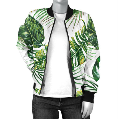 Green Pattern Tropical Palm Leaves Women Casual Bomber Jacket