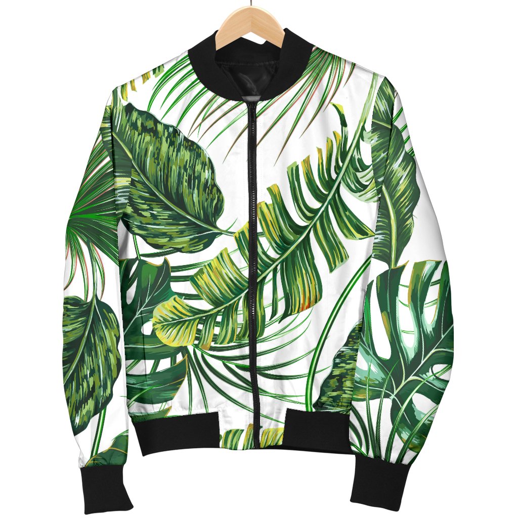 Green Pattern Tropical Palm Leaves Women Casual Bomber Jacket