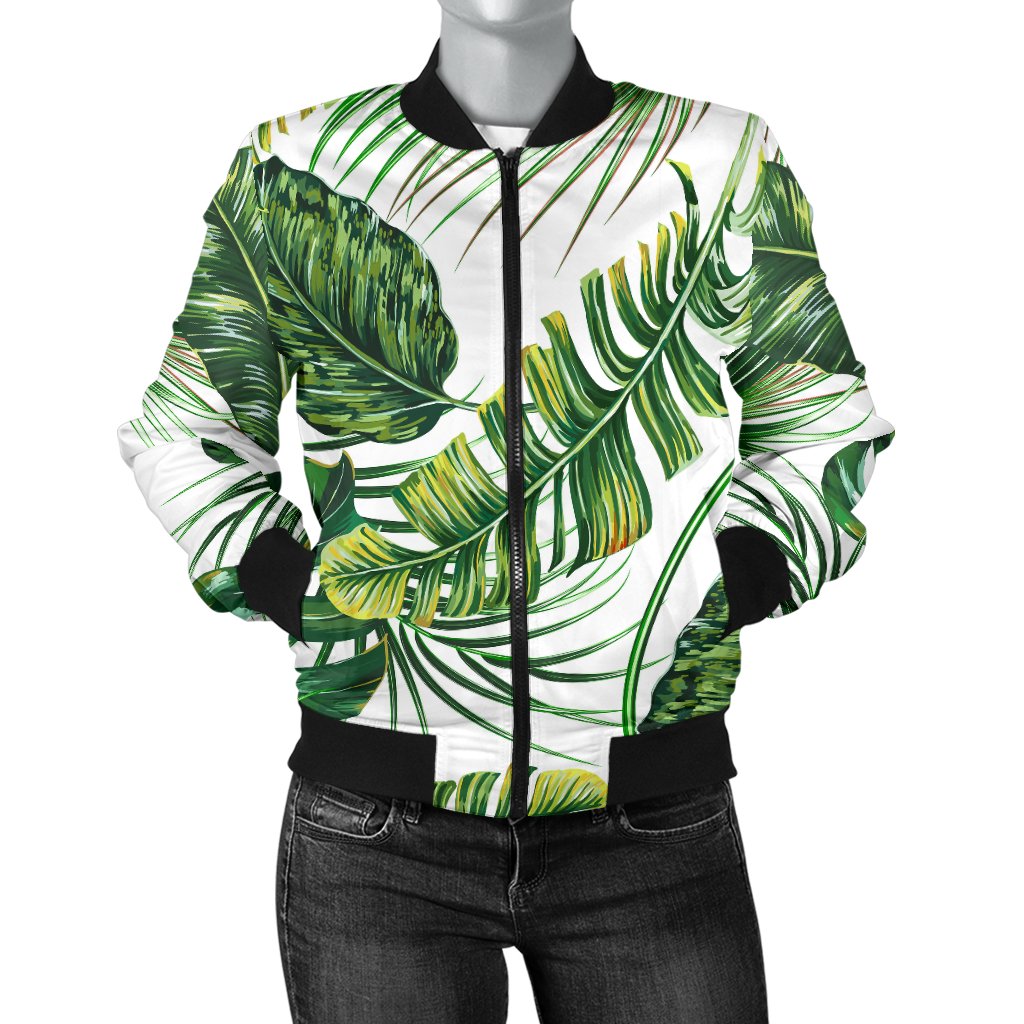 Green Pattern Tropical Palm Leaves Women Casual Bomber Jacket