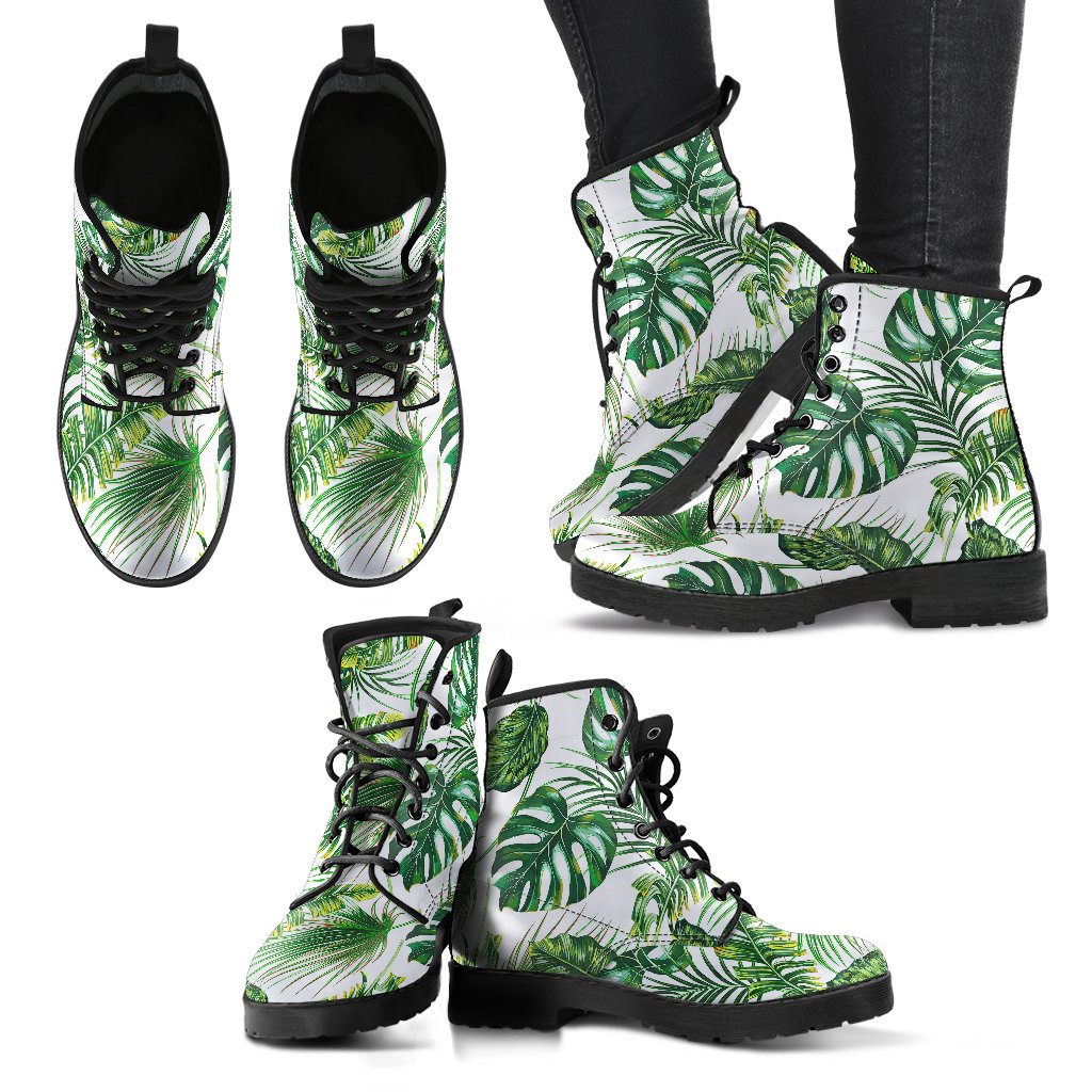 Green Pattern Tropical Palm Leaves Women Leather Boots-JTAMIGO.COM