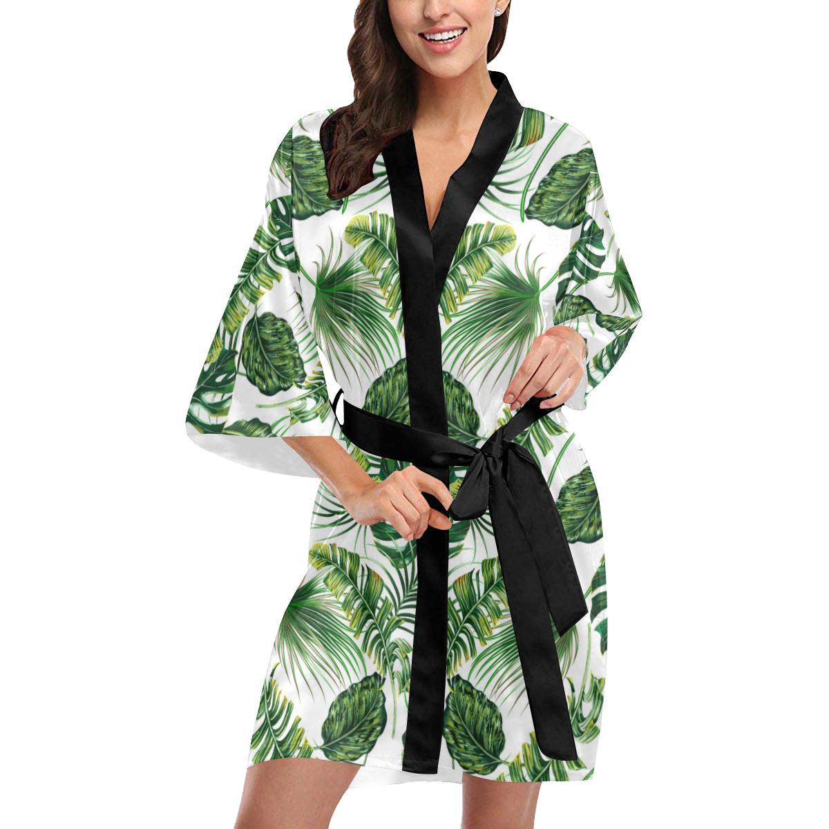 Green Pattern Tropical Palm Leaves Women Short Kimono Robe