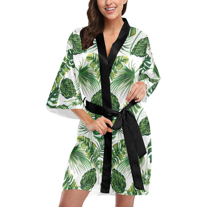 Green Pattern Tropical Palm Leaves Women Short Kimono Robe