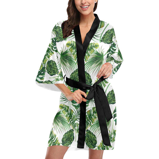 Green Pattern Tropical Palm Leaves Women Short Kimono Robe