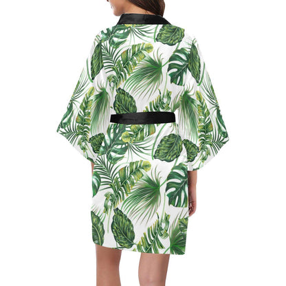 Green Pattern Tropical Palm Leaves Women Short Kimono Robe