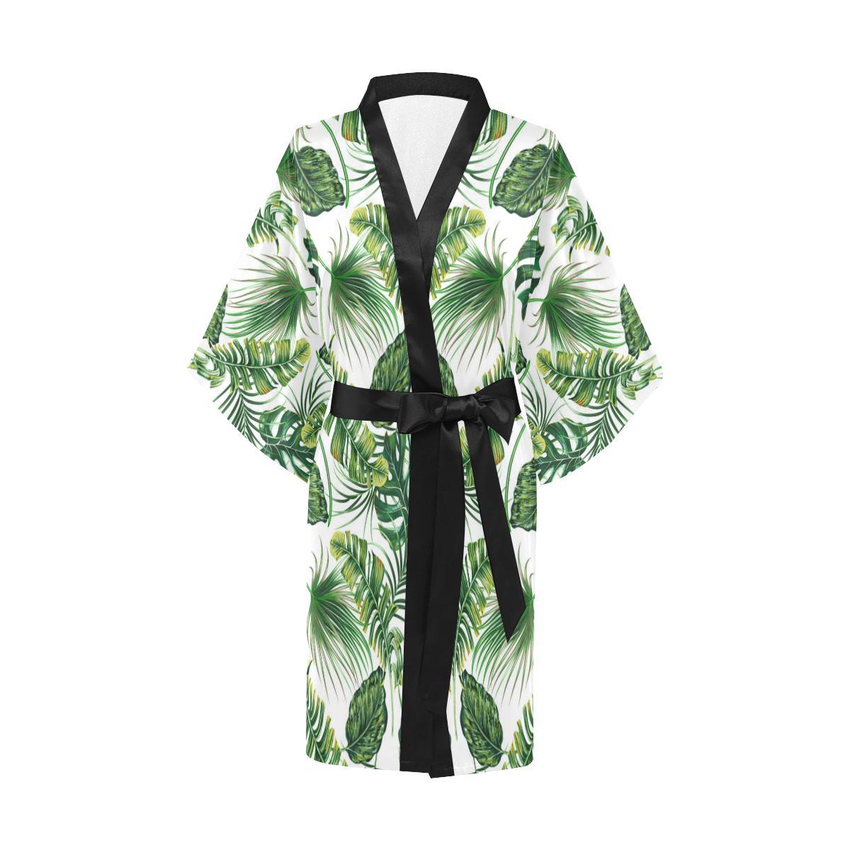 Green Pattern Tropical Palm Leaves Women Short Kimono Robe