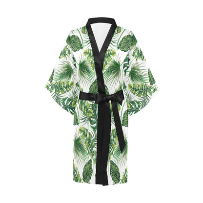 Green Pattern Tropical Palm Leaves Women Short Kimono Robe