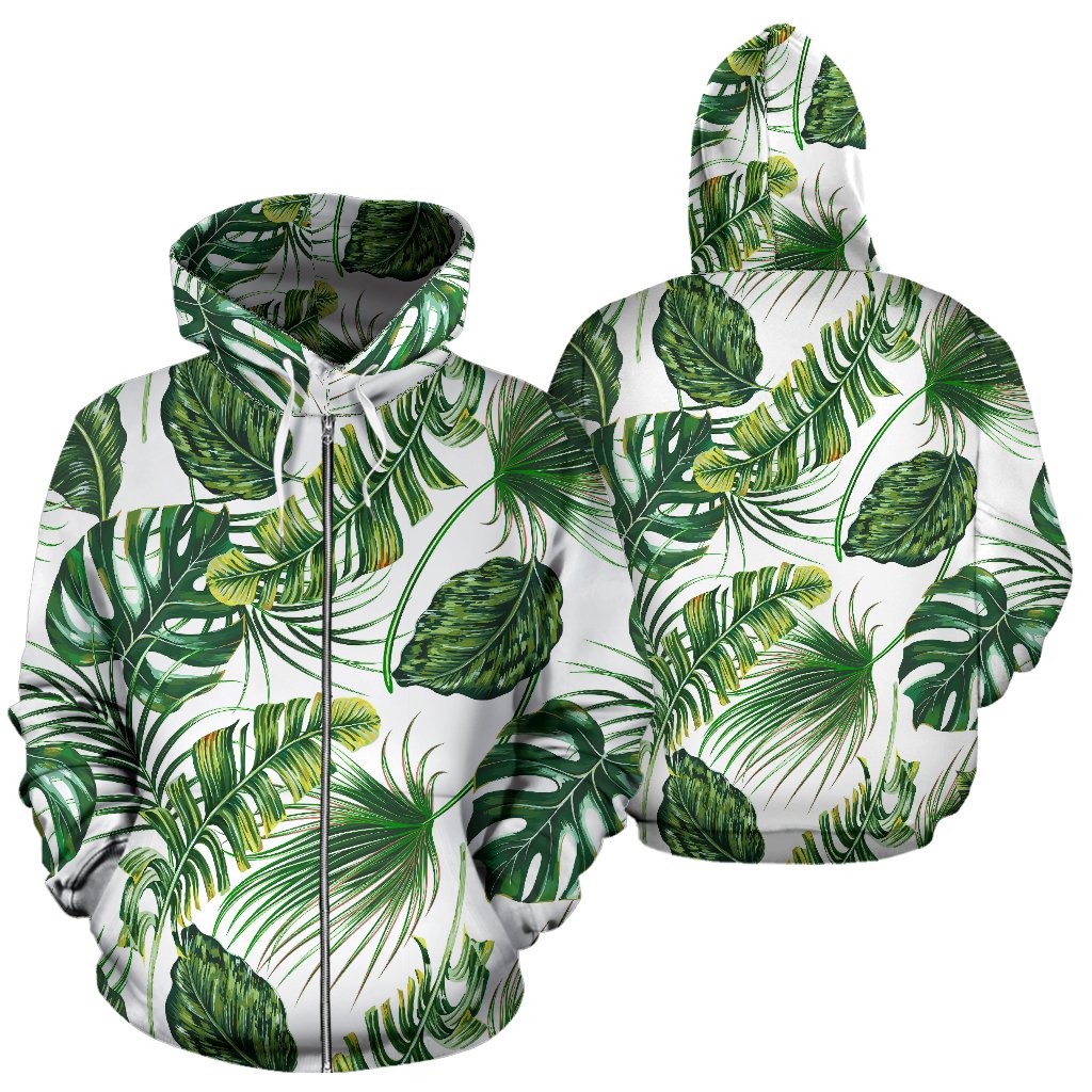 Green Pattern Tropical Palm Leaves Zip Up Hoodie