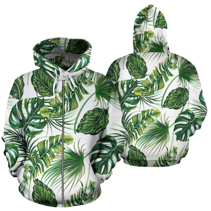 Green Pattern Tropical Palm Leaves Zip Up Hoodie