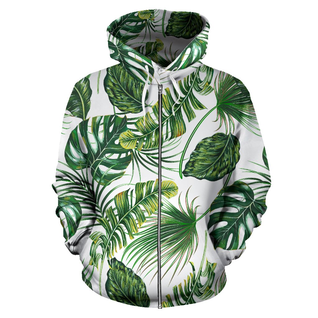 Green Pattern Tropical Palm Leaves Zip Up Hoodie