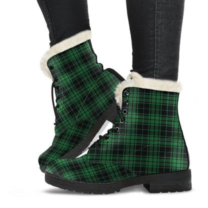 Green Tartan Plaid Pattern Faux Fur Leather Boots-JTAMIGO.COM