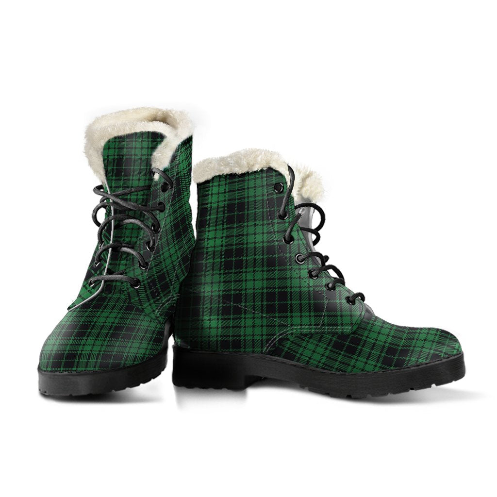 Green Tartan Plaid Pattern Faux Fur Leather Boots-JTAMIGO.COM