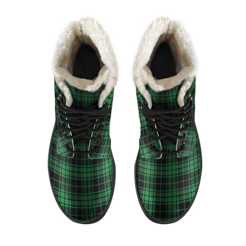 Green Tartan Plaid Pattern Faux Fur Leather Boots-JTAMIGO.COM