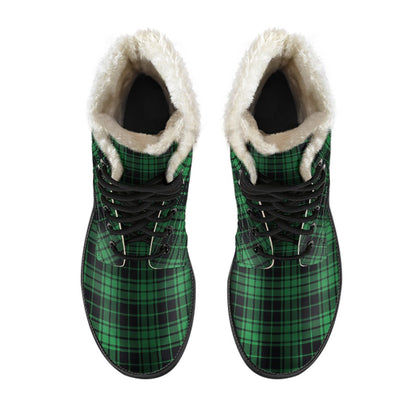 Green Tartan Plaid Pattern Faux Fur Leather Boots-JTAMIGO.COM