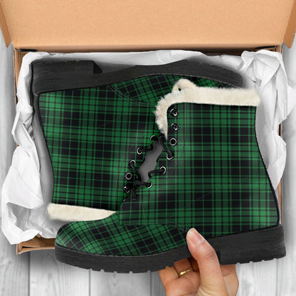 Green Tartan Plaid Pattern Faux Fur Leather Boots-JTAMIGO.COM