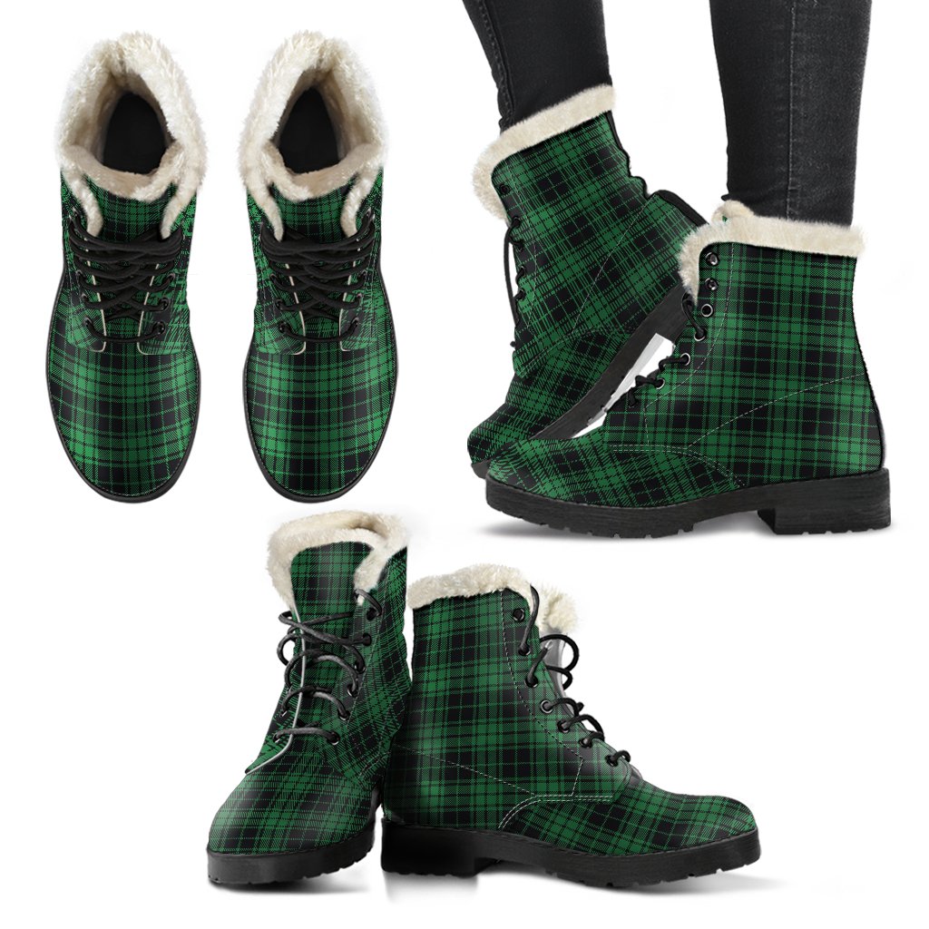 Green Tartan Plaid Pattern Faux Fur Leather Boots-JTAMIGO.COM