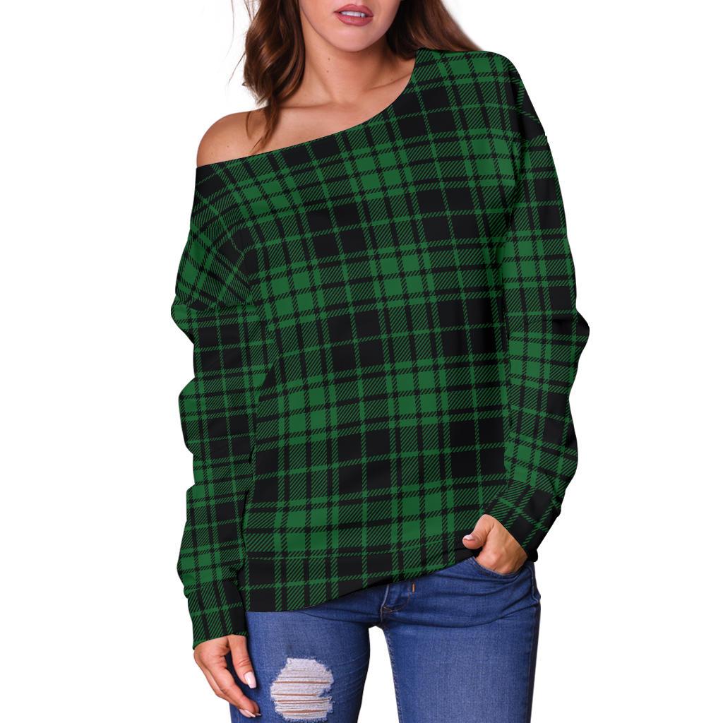 Green Tartan Plaid Pattern Off Shoulder Sweatshirt