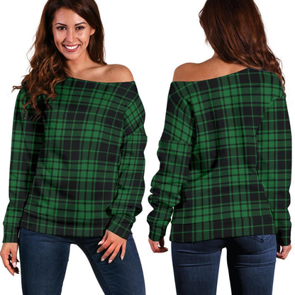 Green Tartan Plaid Pattern Off Shoulder Sweatshirt