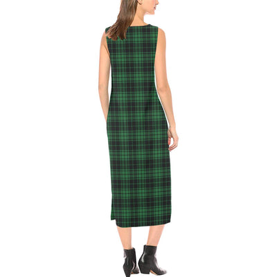 Green Tartan Plaid Pattern Sleeveless Open Fork Long Dress (Model D08)-JTAMIGO.COM